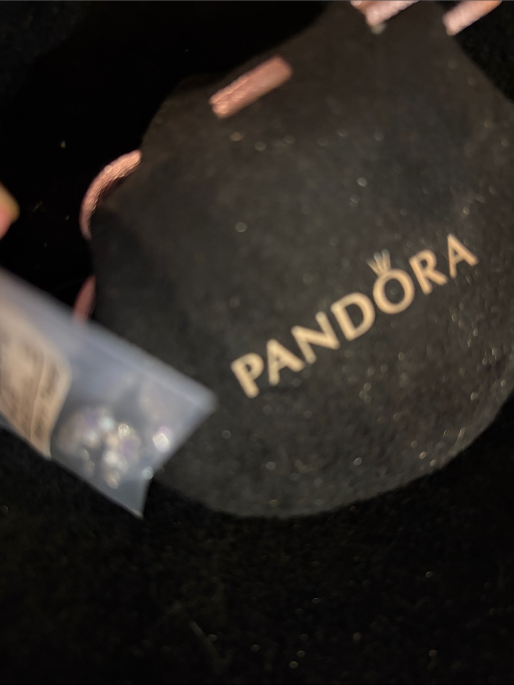 Pandora Purple and Rhinestone 925  charm with Pouch Pink Cord